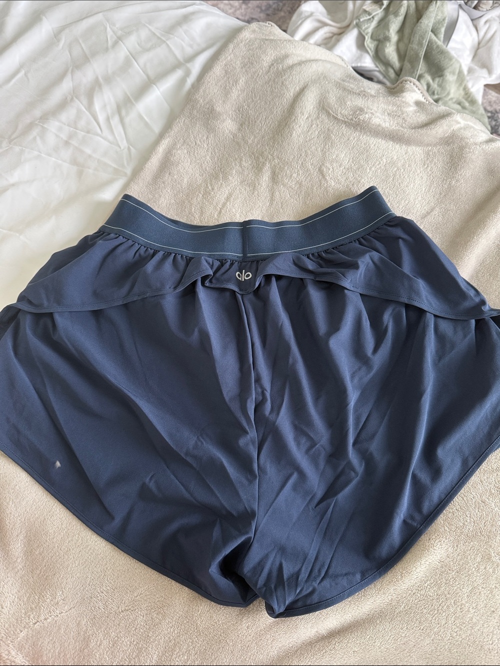 ALO Yoga Navy Blue Athletic Shorts with Elastic Logo Waistband - Picture 2 of 3